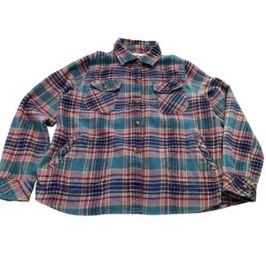 Woolrich Oxbow Bend Flannel Shirt Shacket Women's Large Blue Pink Plaid Cotton